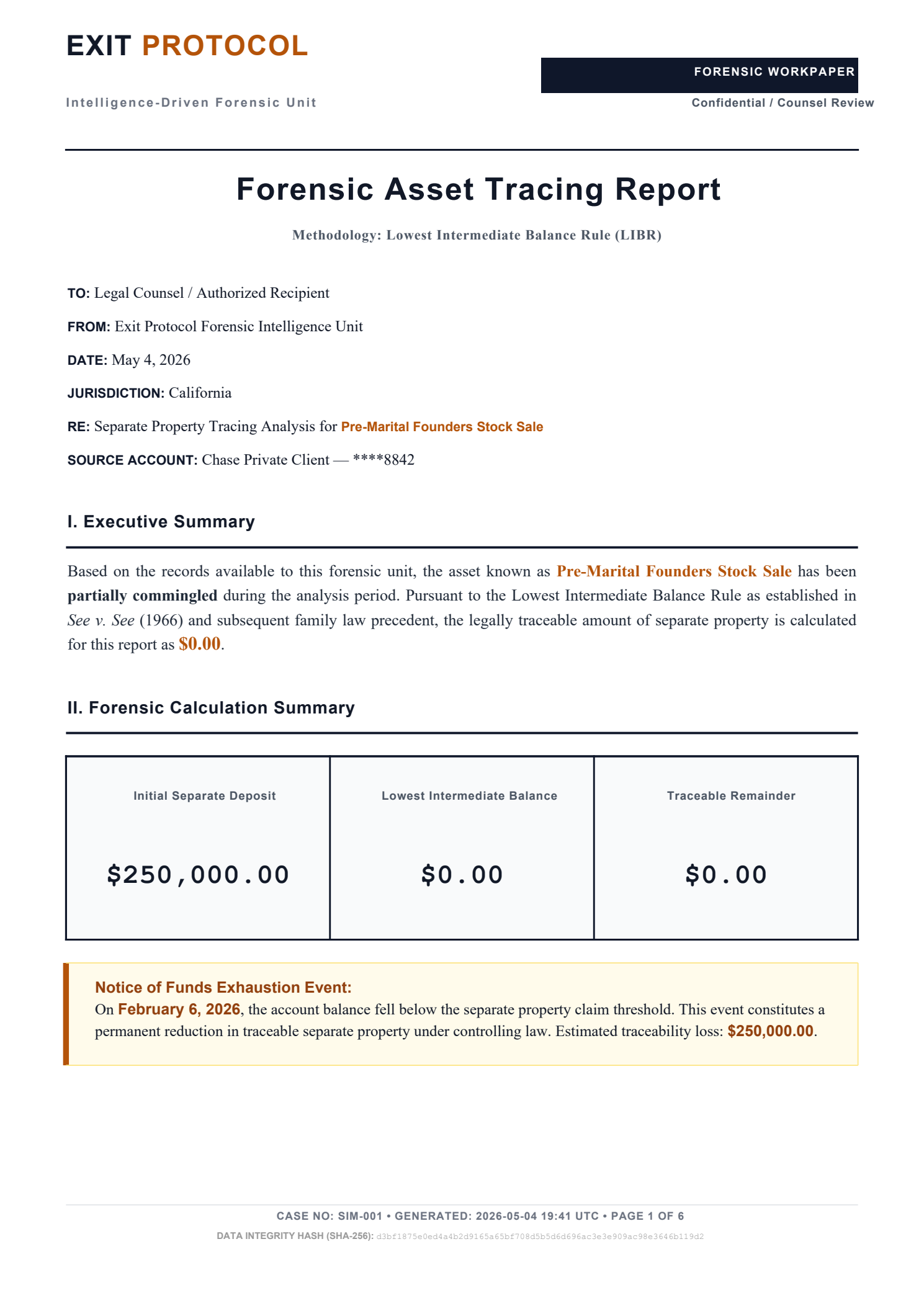 First page of the current Exit Protocol forensic asset tracing report